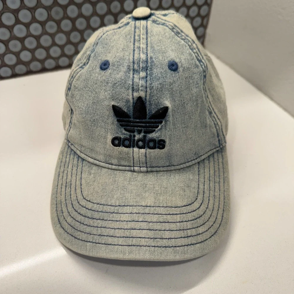 Adidas Hat Cap‎ Blue Denim Acid Wash Retro 90s Trefoil Logo Strapback Baseball